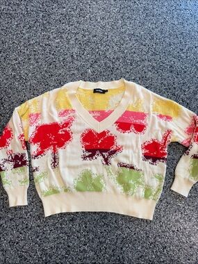Desigual Cream V-Neck Sweater with Red, Pink, Yellow & Green Floral Motif